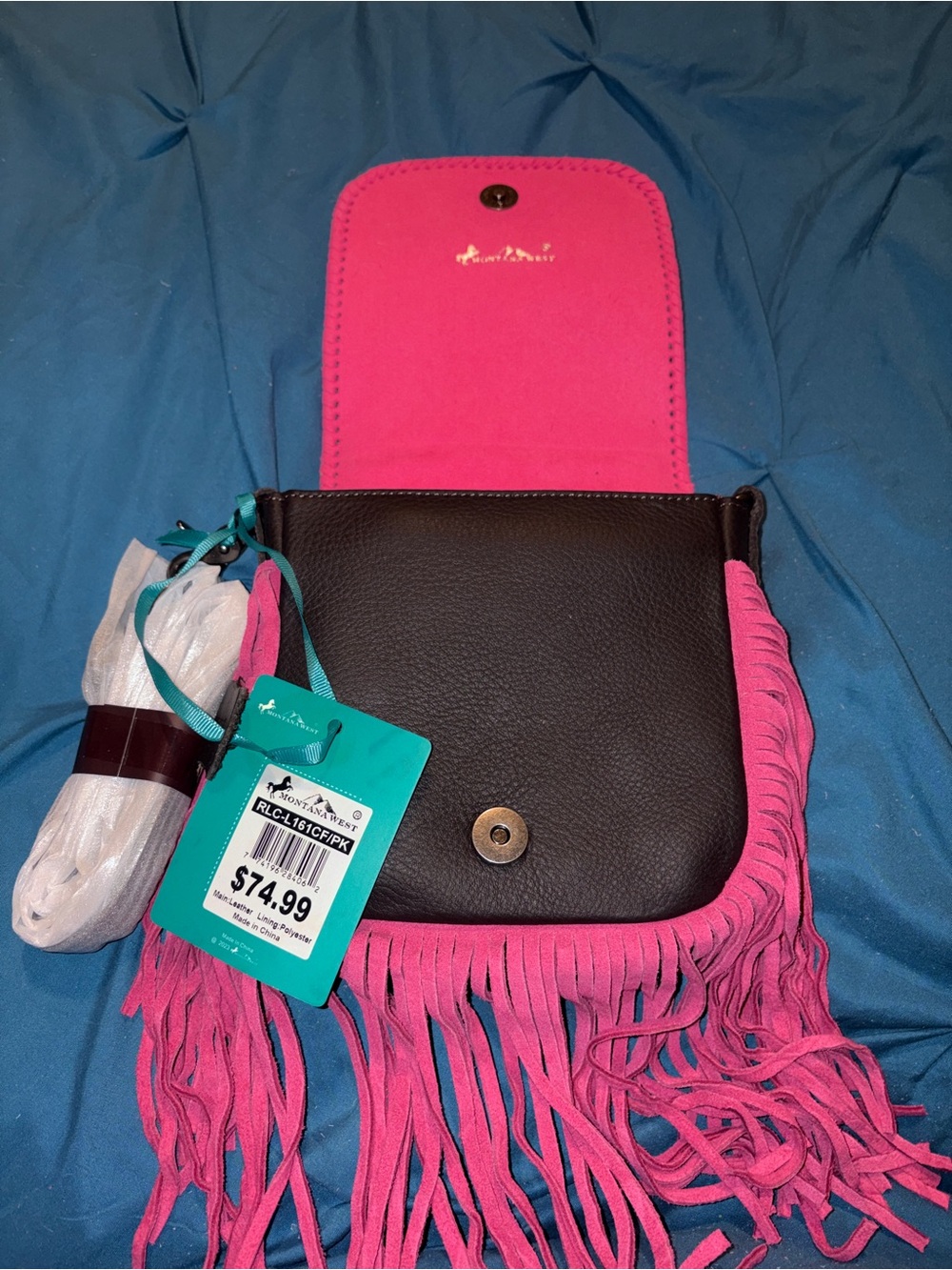 Montana West Fringe Crossbody Bag with Cowhide Panel and hot pink fringe - Picture 4 of 5